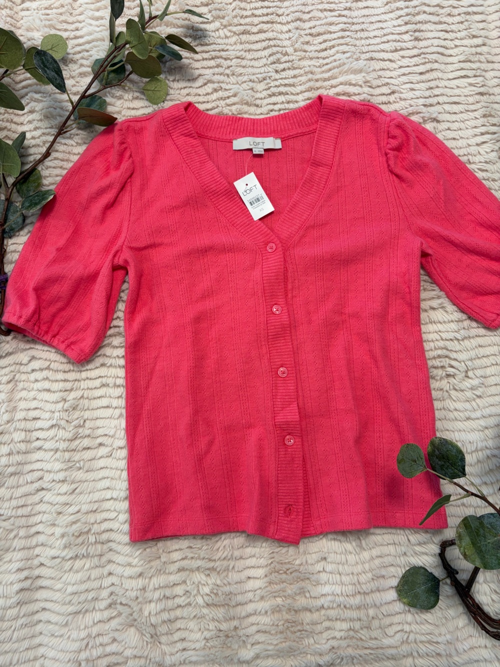 LOFT Pink Short Puff Sleeve Button Front Top Pointelle ribbed XS NEW WITH TAGS